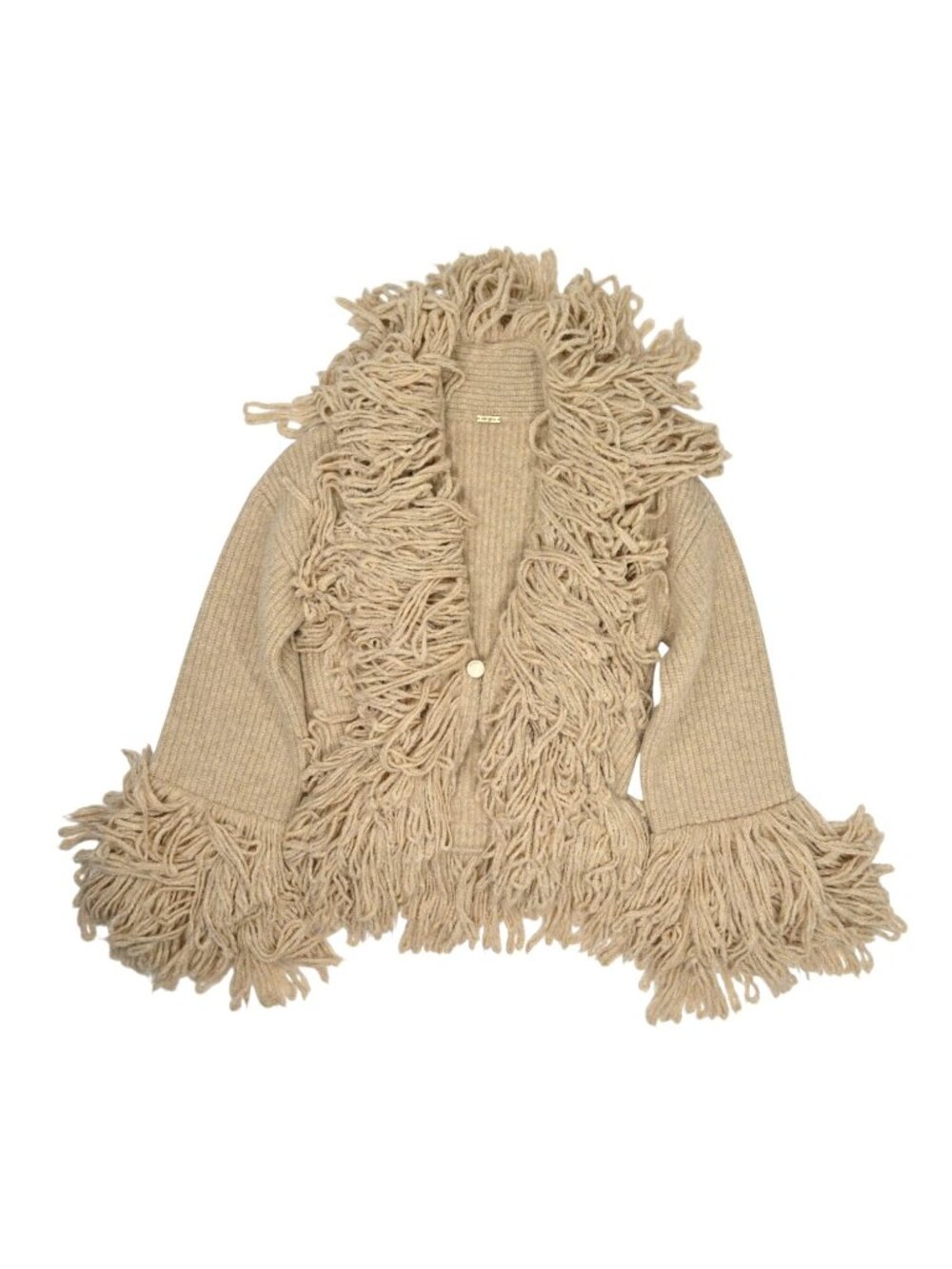Cult Gaia Fauna Fringed Rib Knit Cardigan In Beige